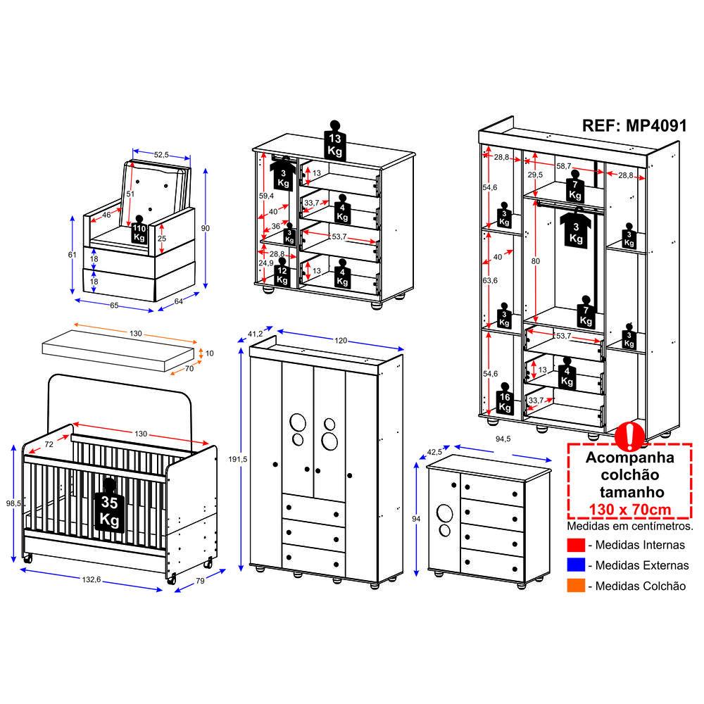 Quarto Completo com Colchão e Poltrona de Amamentação Pimpolho Multimóveis MP4091 Branco/Bege