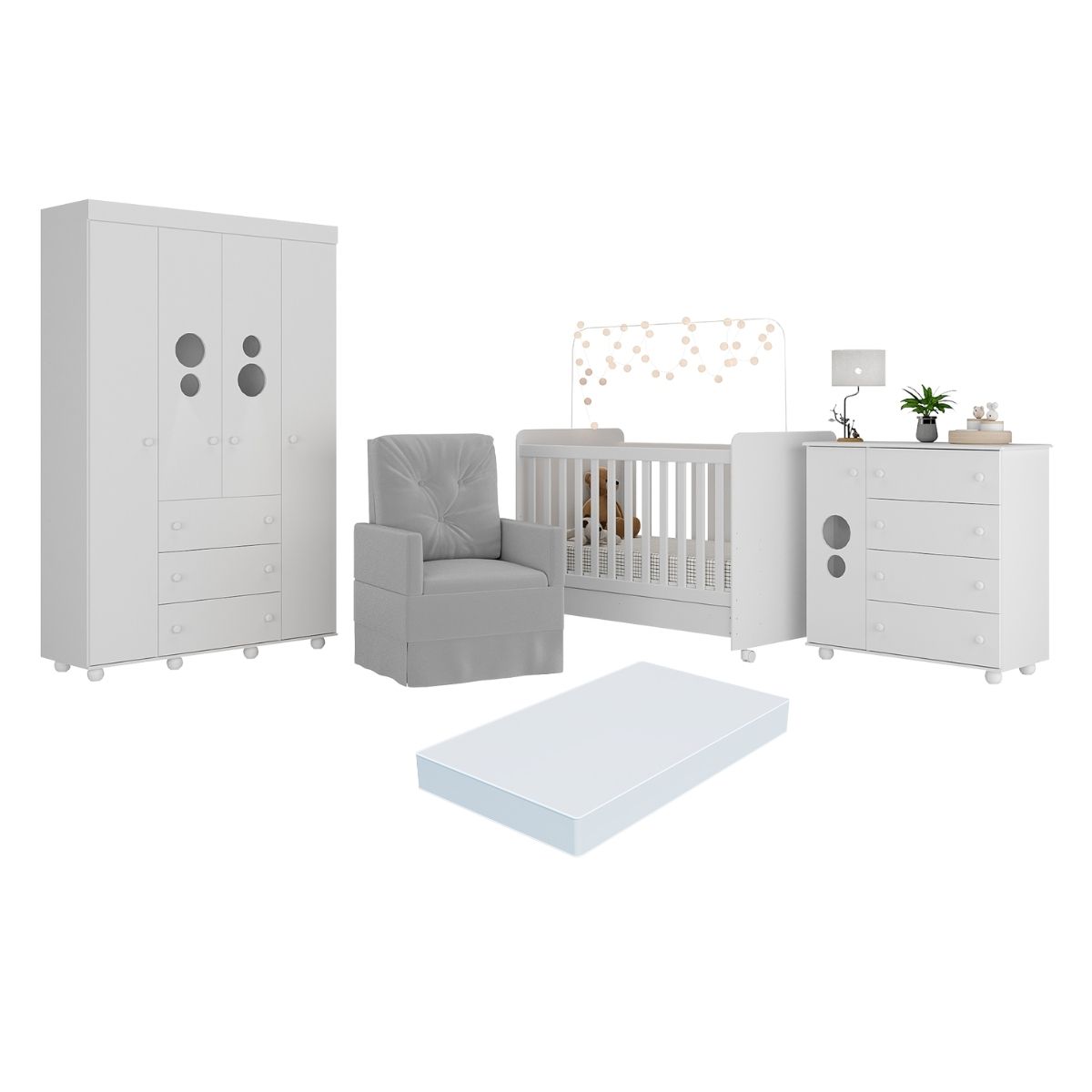 Quarto Completo com Colchão e Poltrona de Amamentação Pimpolho Multimóveis MP4091 Branco/Cinza