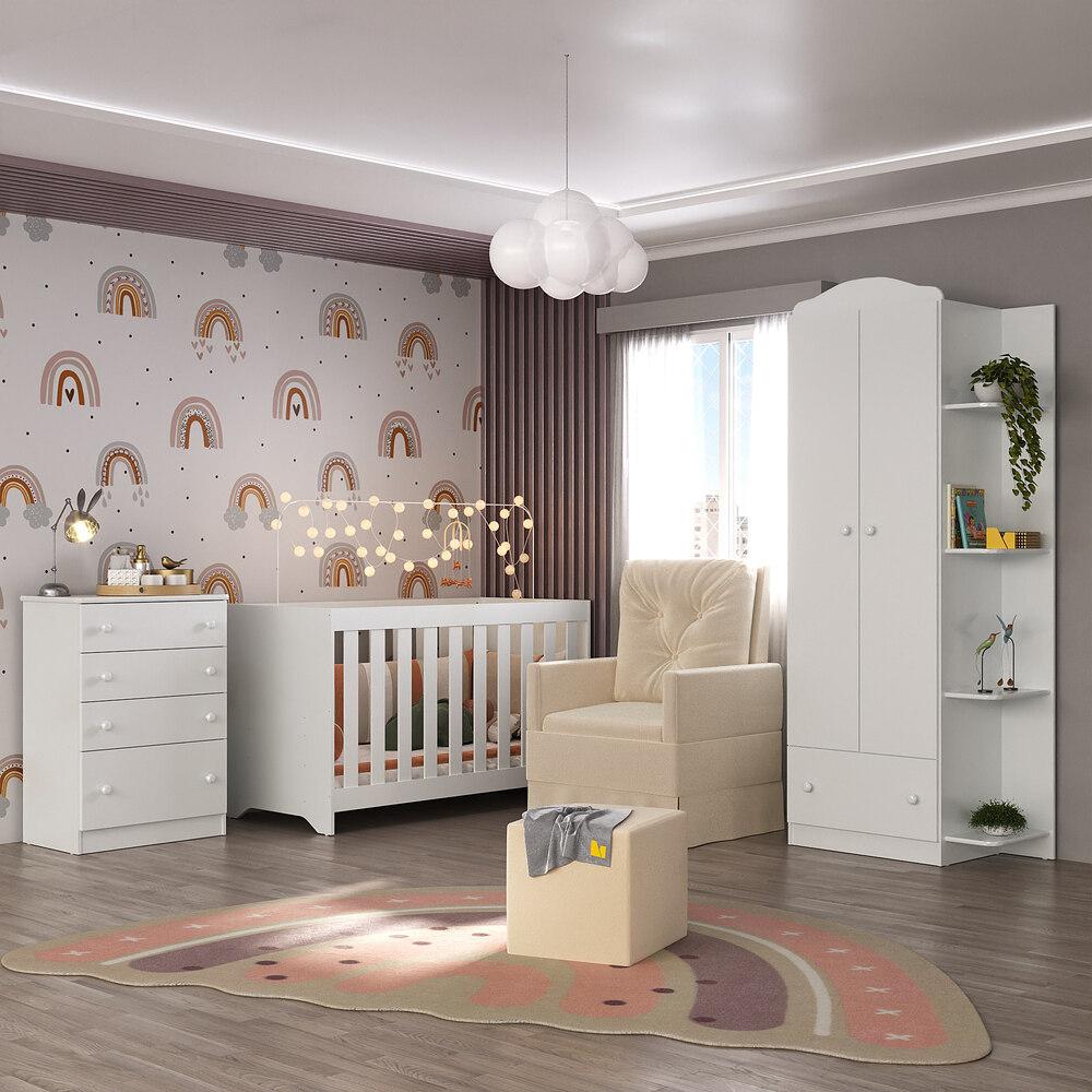 Quarto Completo com Colchão, Poltrona Amamentação/Puff João e Maria Multimóveis MP4104 Branco/Bege