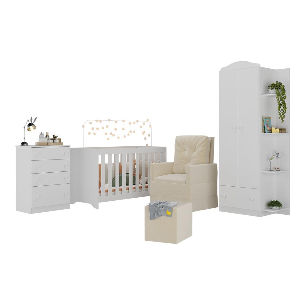 Quarto Completo com Colchão, Poltrona Amamentação/Puff João e Maria Multimóveis MP4104 Branco/Bege