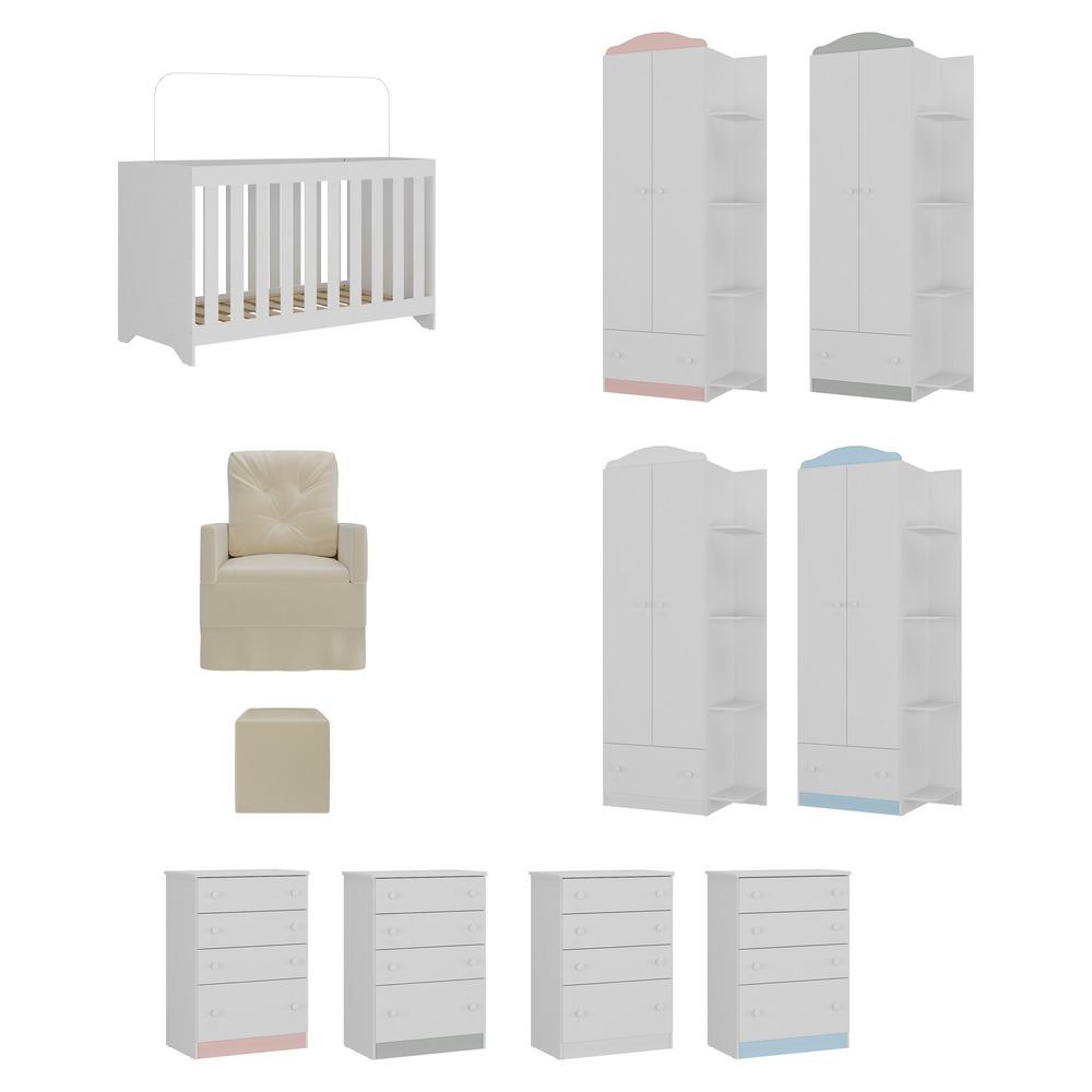 Quarto Completo com Colchão, Poltrona Amamentação/Puff João e Maria Multimóveis MP4104 Branco/Bege