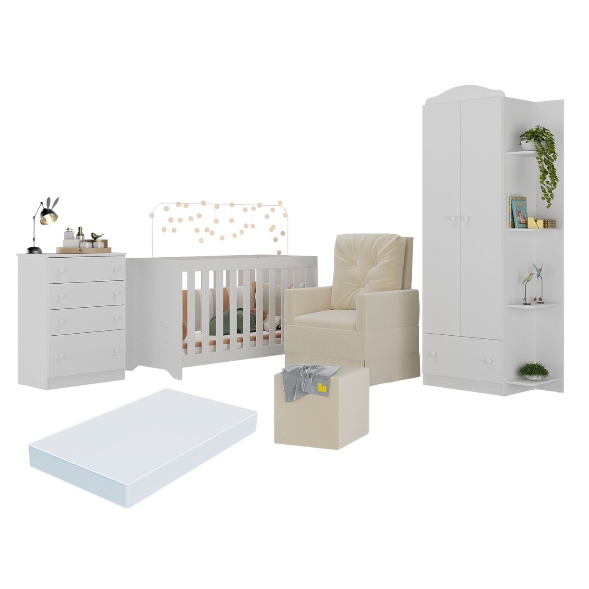 Quarto Completo com Colchão, Poltrona Amamentação/Puff João e Maria Multimóveis MP4104 Branco/Bege
