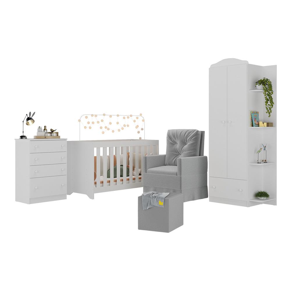 Quarto Completo com Colchão, Poltrona Amamentação/Puff João e Maria Multimóveis MP4104 Branco/Cinza