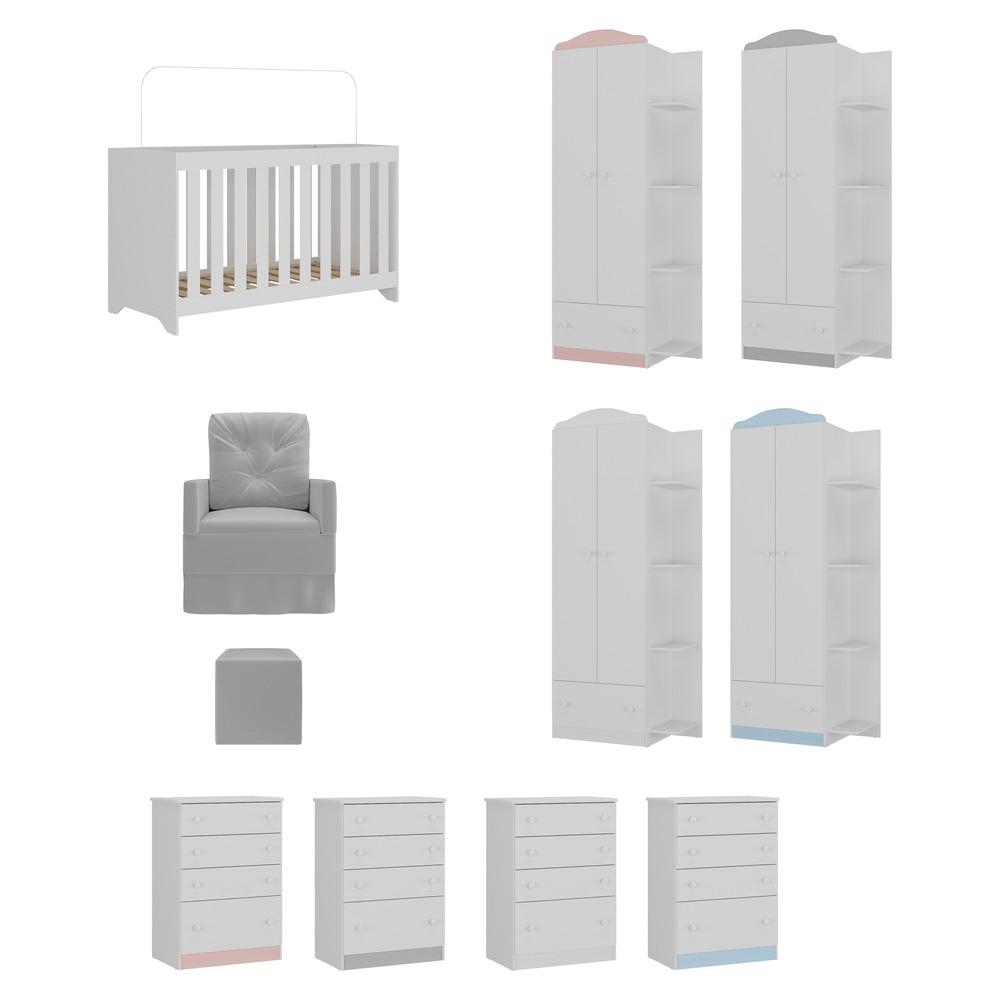 Quarto Completo com Colchão, Poltrona Amamentação/Puff João e Maria Multimóveis MP4104 Branco/Cinza