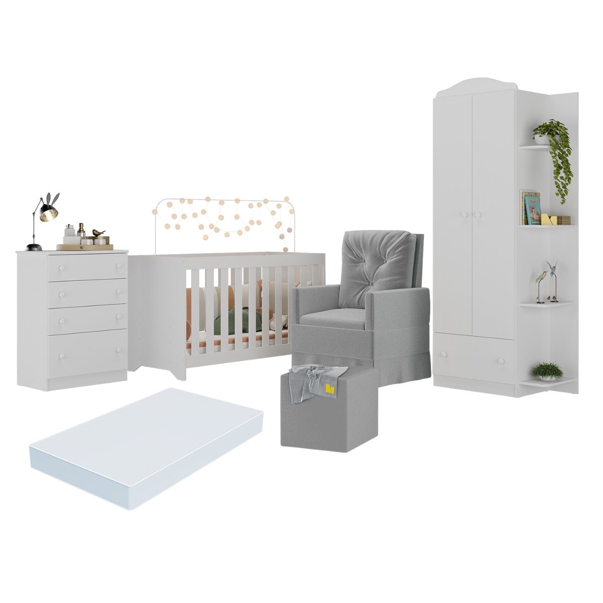 Quarto Completo com Colchão, Poltrona Amamentação/Puff João e Maria Multimóveis MP4104 Branco/Cinza