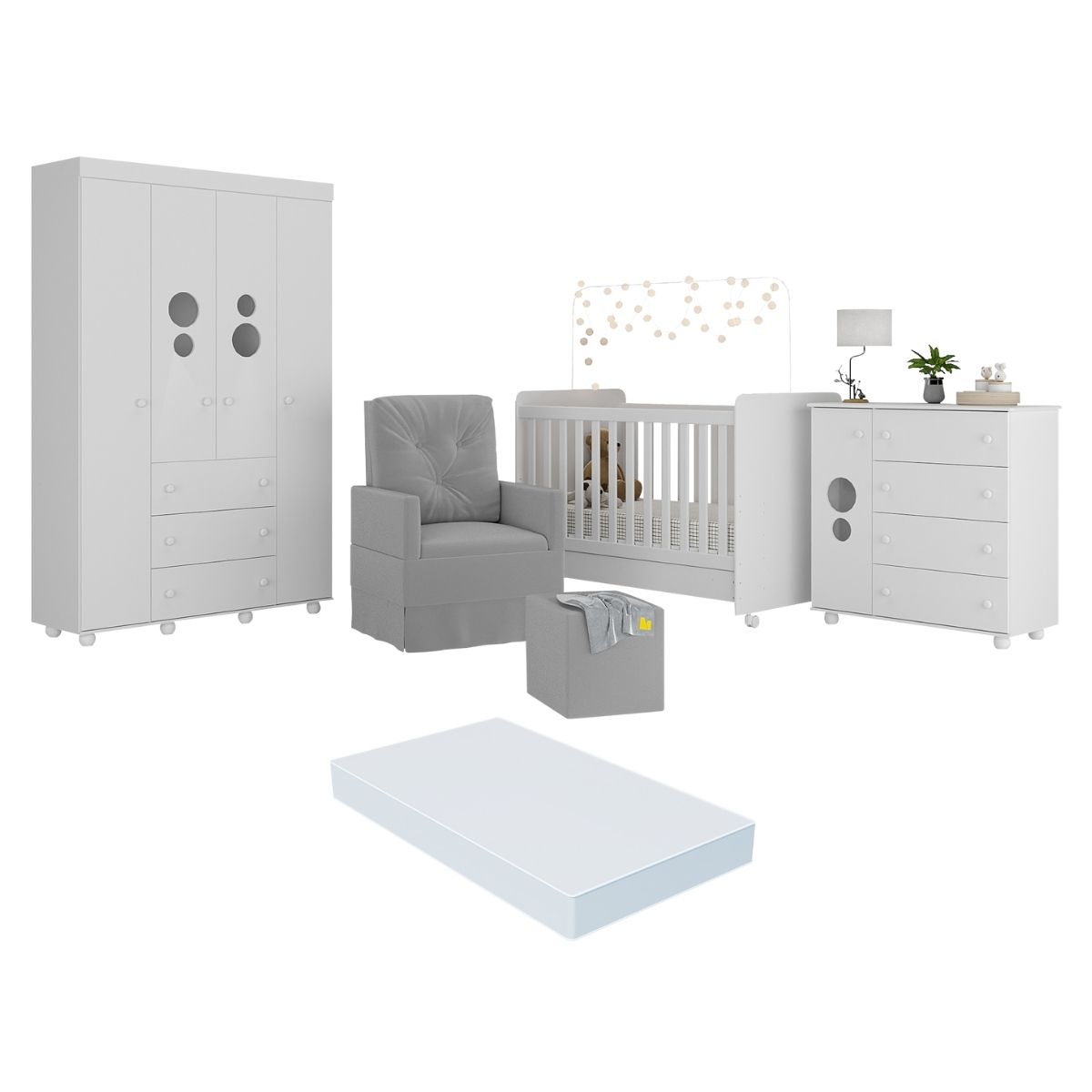 Quarto Completo com Colchão, Poltrona de Amamentação e Puff Pimpolho Multimóveis MP4103 Branco/Cinza