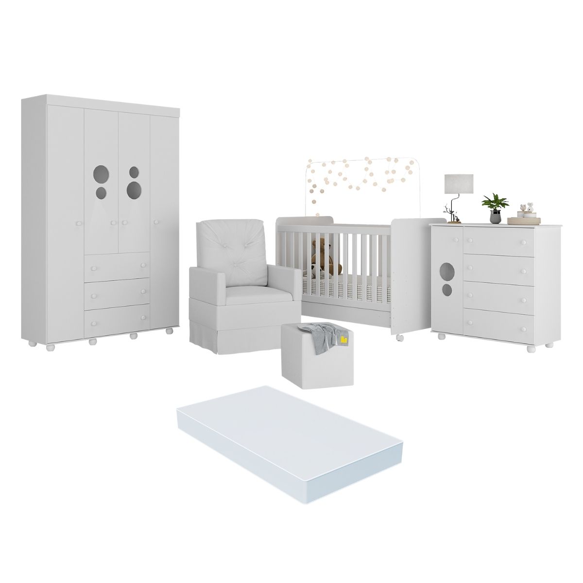 Quarto Completo com Colchão, Poltrona de Amamentação e Puff Pimpolho Multimóveis MP4109 Branco