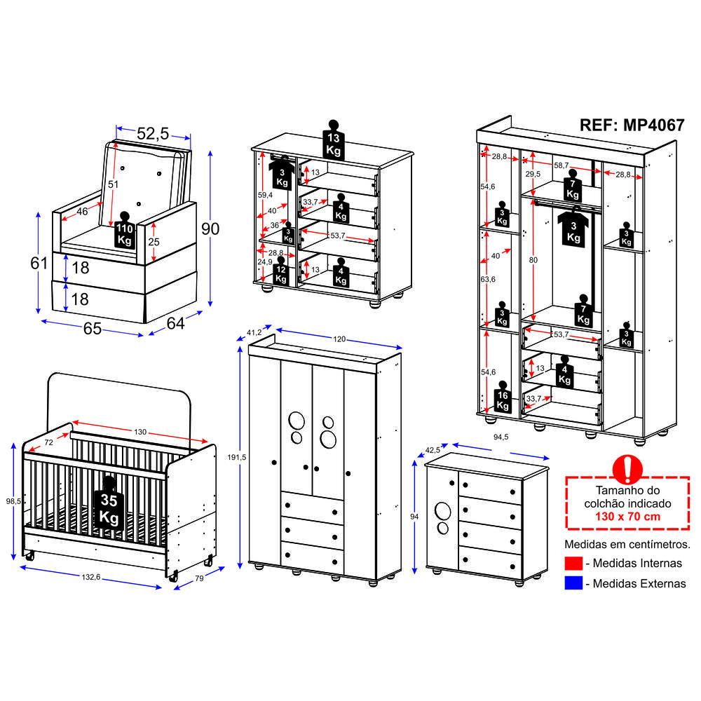 Quarto Completo com Poltrona de Amamentação Pimpolho Multimóveis MP4067 Branco/Cinza