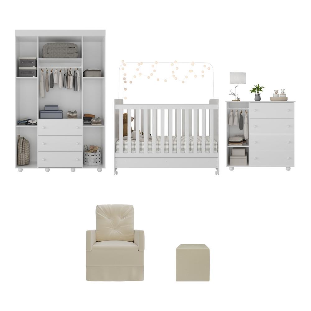 Quarto Completo com Poltrona de Amamentação e Puff Pimpolho Multimóveis MP4079 Branco/Bege