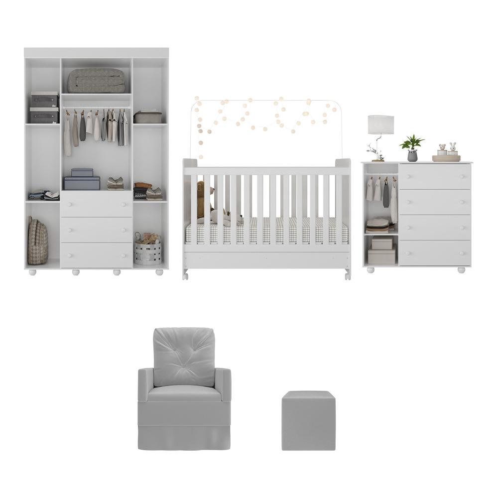 Quarto Completo com Poltrona de Amamentação e Puff Pimpolho Multimóveis MP4079 Branco/Cinza