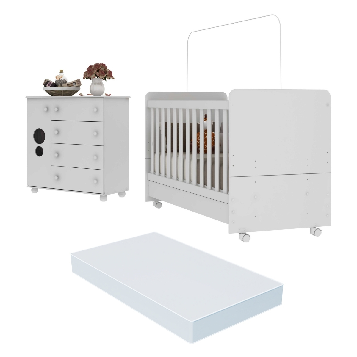 Quarto Infantil Berço com Colchão Incluso e Cômoda Pimpolho Multimóveis Branco