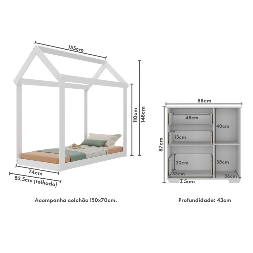 Quarto Infantil Cama Montessoriana/Colchão/Cômoda Flex Algodão Doce Multimóveis MX4278 Branco
