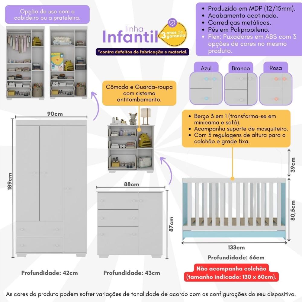 Quarto Infantil Completo Algodão Doce Multimóveis MP4252 Branco/Azul