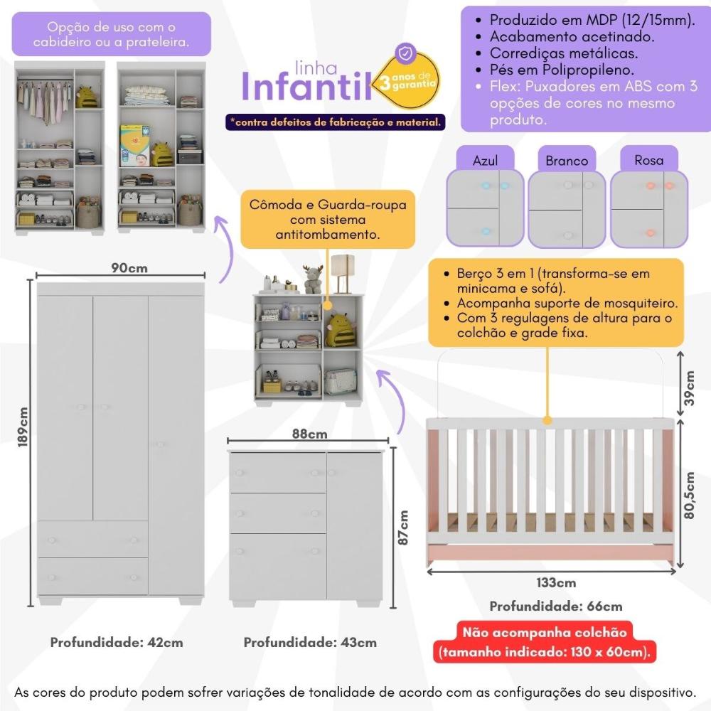 Quarto Infantil Completo Algodão Doce Multimóveis MP4252 Branco/Rosa