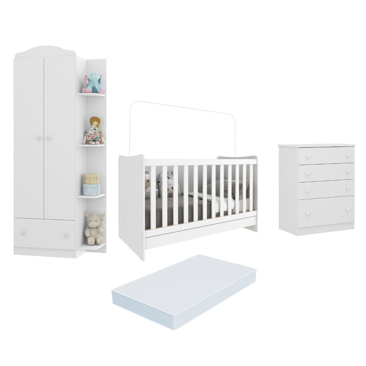 Quarto Infantil Completo Berço 4x1 c/ Colchão/Guarda-Roupa/Cômoda Multimóveis João e Maria FG3032 Bc