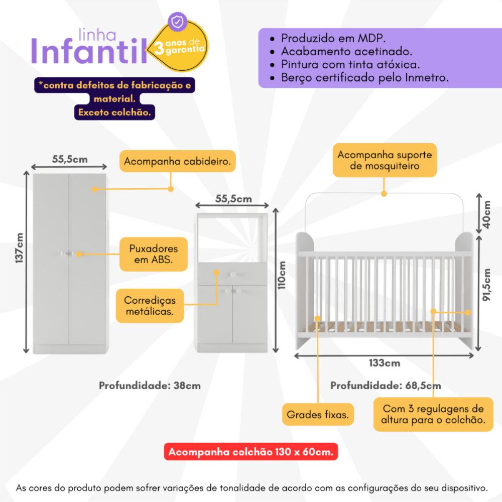 Quarto Infantil Completo Berço com Colchão Incluso Guarda-Roupa e Cômoda Multimóveis MP4359 Branco
