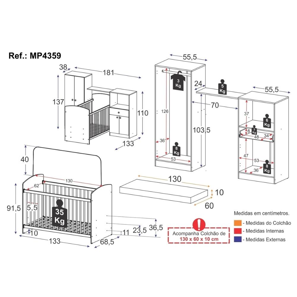 Quarto Infantil Completo Berço com Colchão Incluso Guarda-Roupa e Cômoda Multimóveis MP4359 Branco