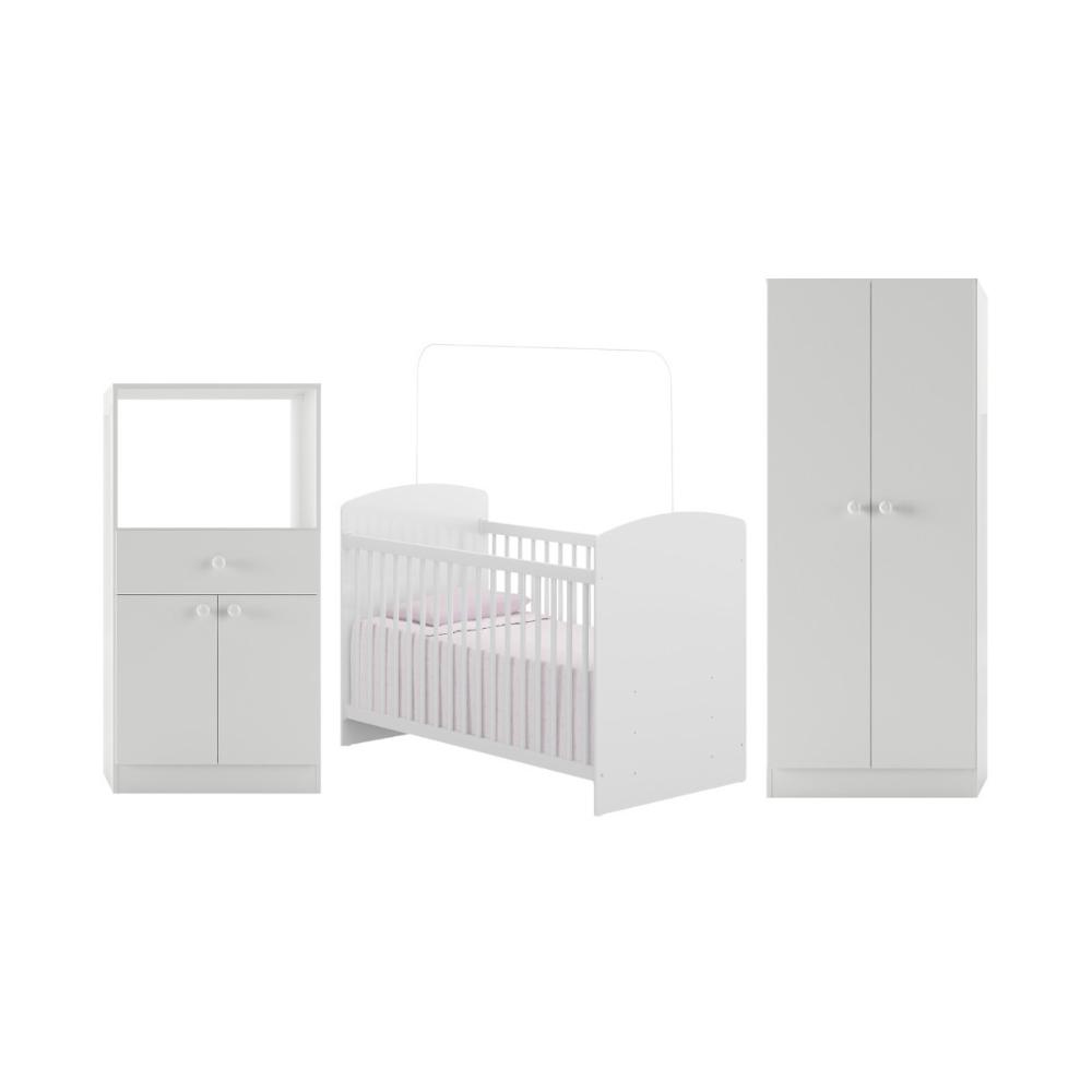 Quarto Infantil Completo Berço com Colchão Incluso Guarda-Roupa e Cômoda Multimóveis MP4359 Branco
