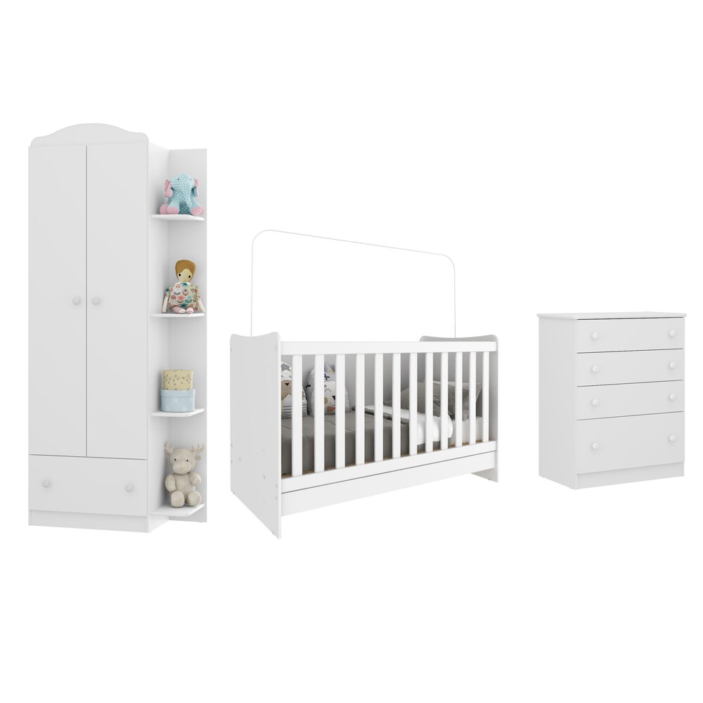 Quarto Infantil Completo João e Maria com berço 4 em 1 + colchão Multimóveis + Roupeiro e cômoda Bco