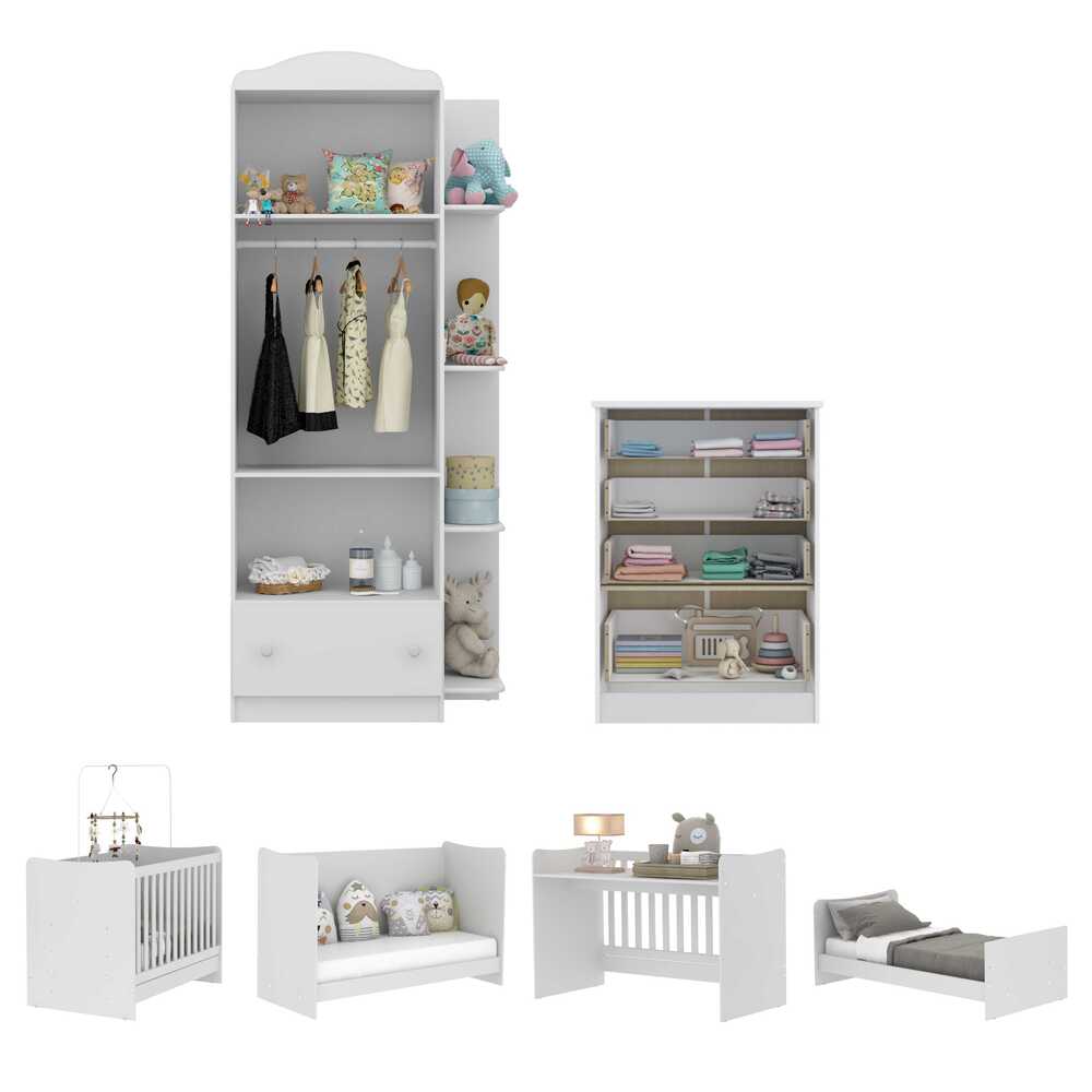 Quarto Infantil Completo João e Maria com berço 4 em 1 + colchão Multimóveis + Roupeiro e cômoda Bco