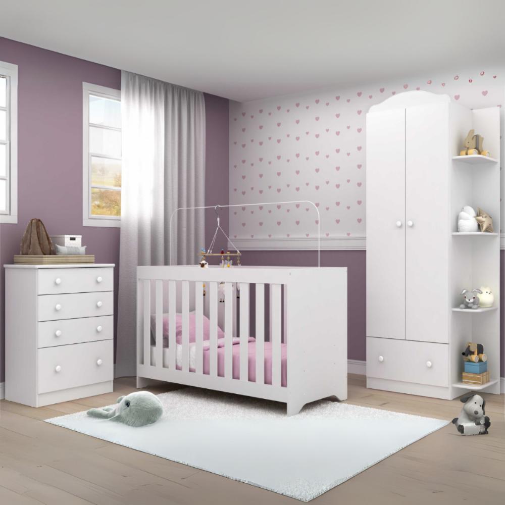 Quarto Infantil Completo com Berço 3 em 1 com Colchão Incluso Multimóveis MP4354 Branco/Colorido
