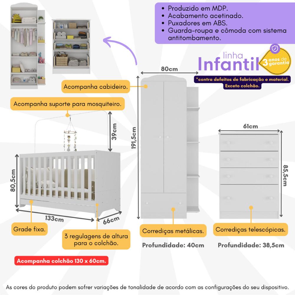 Quarto Infantil Completo com Berço 3 em 1 com Colchão Incluso Multimóveis MP4354 Branco/Colorido