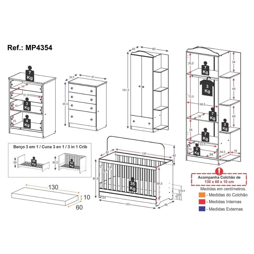 Quarto Infantil Completo com Berço 3 em 1 com Colchão Incluso Multimóveis MP4354 Branco/Colorido