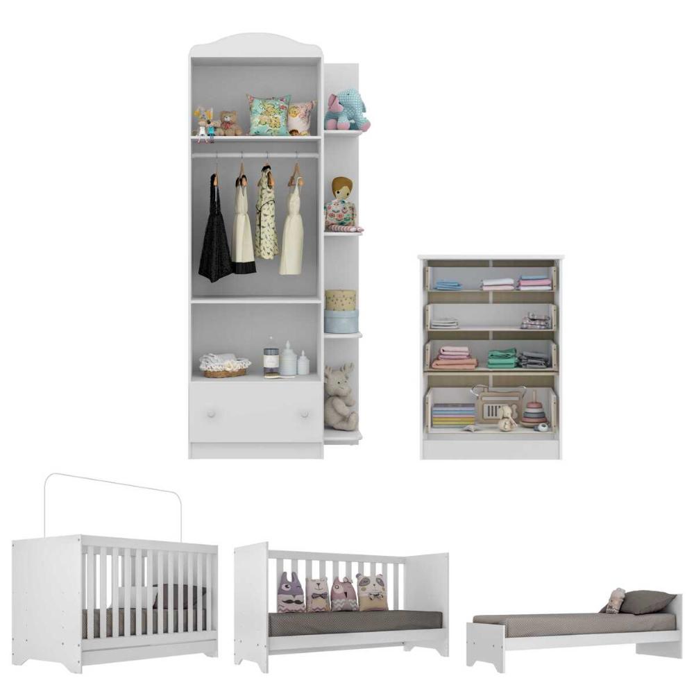 Quarto Infantil Completo com Berço 3 em 1 com Colchão Incluso Multimóveis MP4354 Branco/Colorido