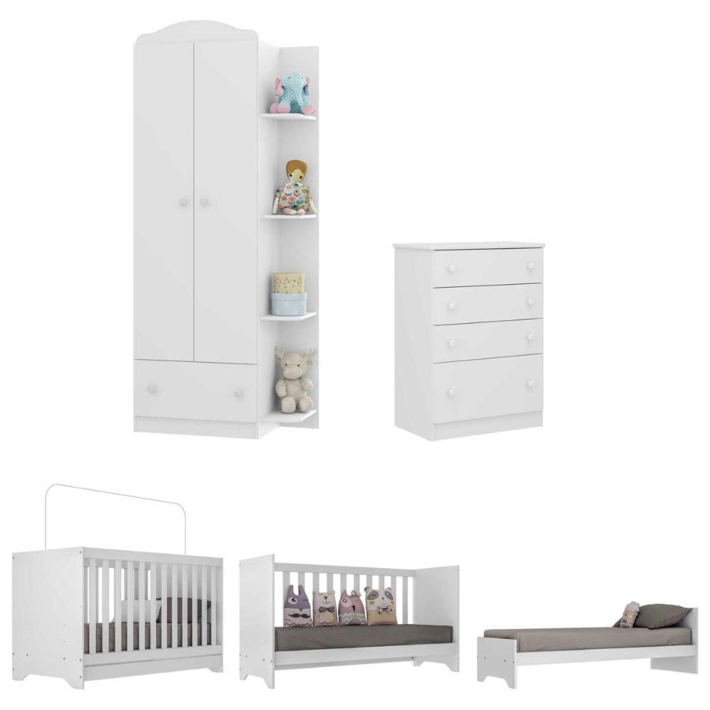 Quarto Infantil Completo com Berço 3 em 1 com Colchão Incluso Multimóveis MP4354 Branco/Colorido