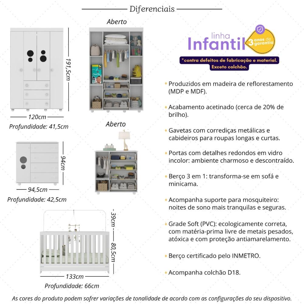 Quarto Infantil Completo com Berço 3 em 1 com Colchão Incluso Multimóveis MP4384 Branco