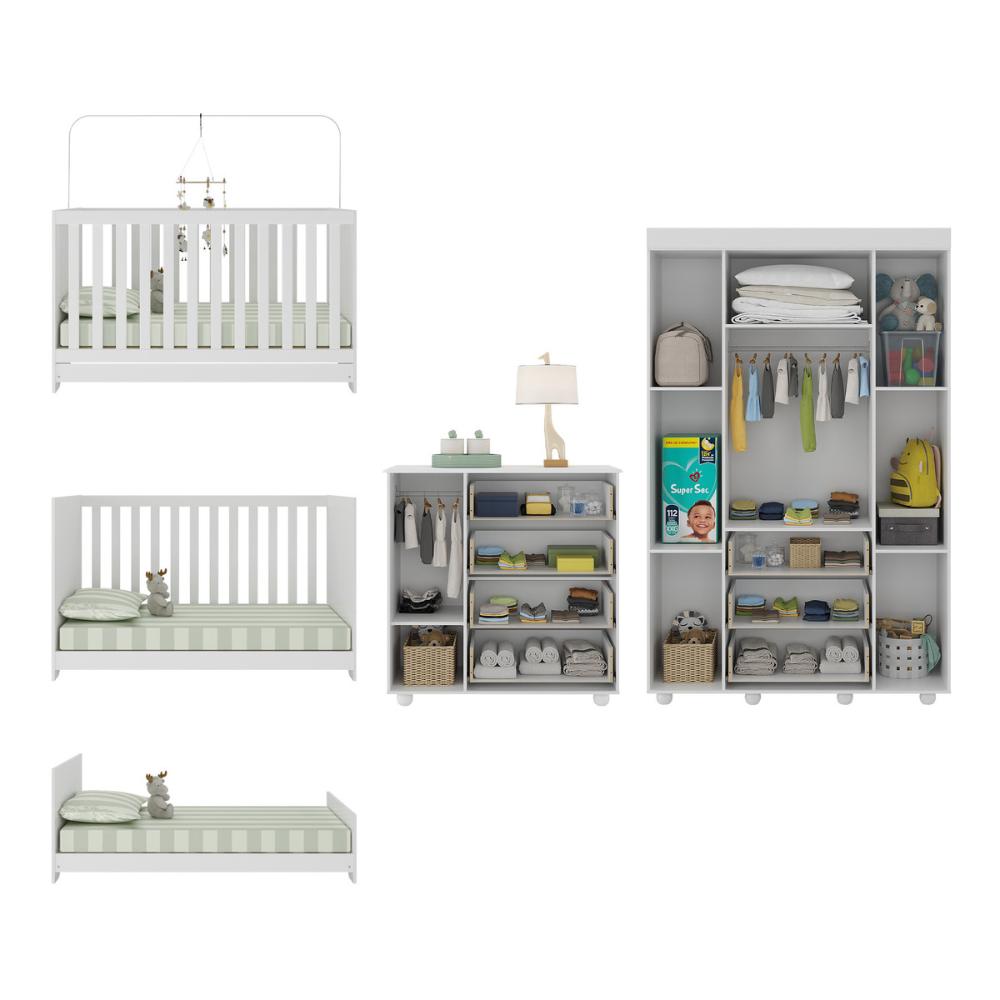 Quarto Infantil Completo com Berço 3 em 1 com Colchão Incluso Multimóveis MP4384 Branco
