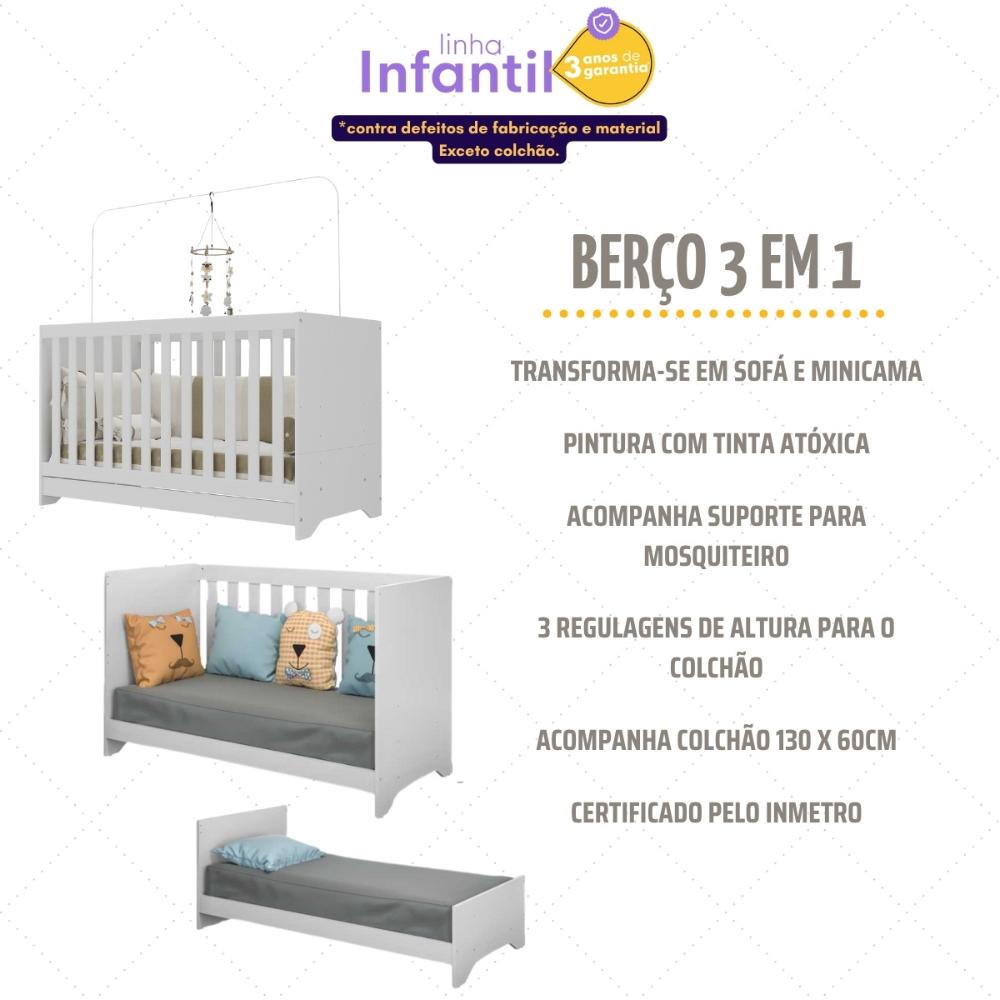 Quarto Infantil Completo com Berço 3 em 1 com Colchão Incluso Multimóveis MP4384 Branco