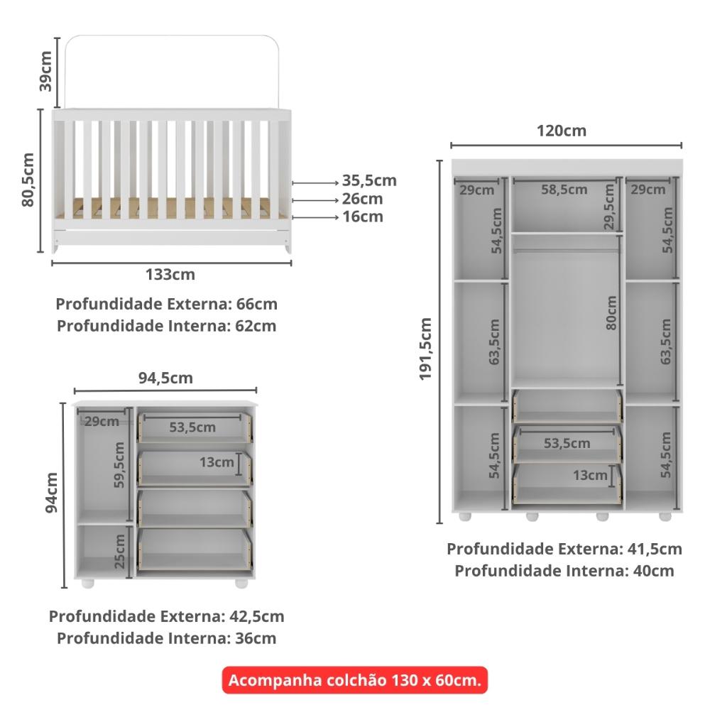 Quarto Infantil Completo com Berço 3 em 1 com Colchão Incluso Multimóveis MP4384 Branco
