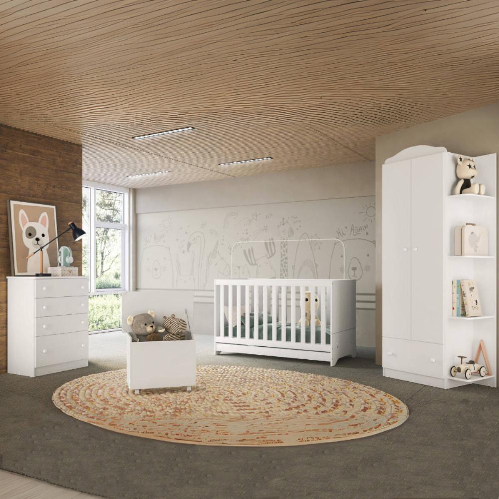 Quarto Infantil Completo com Berço 3 em 1 com Colchão Incluso e Baú Multimóveis MP4357 Branco/Colorido