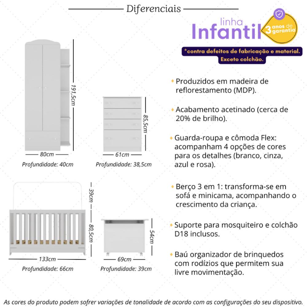 Quarto Infantil Completo com Berço 3 em 1 com Colchão Incluso e Baú Multimóveis MP4357 Branco/Colorido