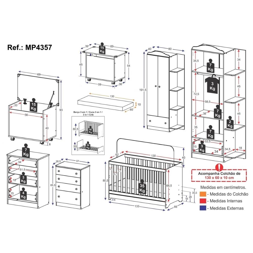 Quarto Infantil Completo com Berço 3 em 1 com Colchão Incluso e Baú Multimóveis MP4357 Branco/Colorido
