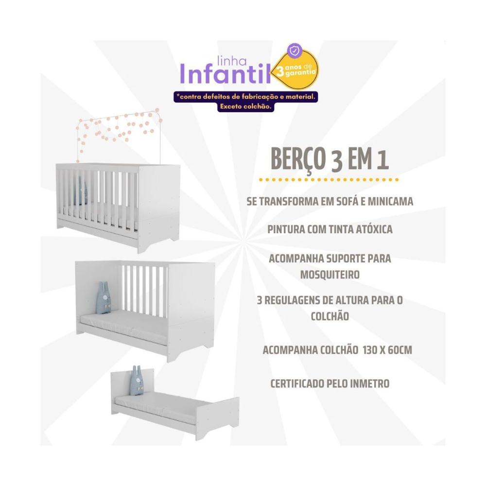 Quarto Infantil Completo com Berço 3 em 1 com Colchão Incluso e Baú Multimóveis MP4357 Branco/Colorido