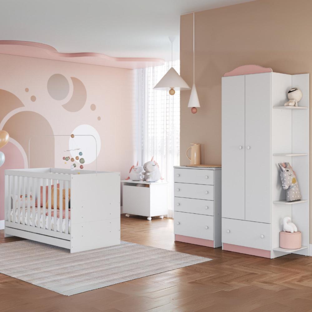 Quarto Infantil Completo com Berço 3 em 1 para Colchão 130x60cm Multimóveis MP4344 Branco/Colorido