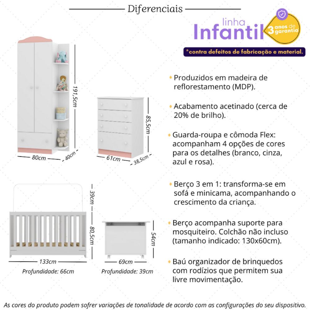 Quarto Infantil Completo com Berço 3 em 1 para Colchão 130x60cm Multimóveis MP4344 Branco/Colorido
