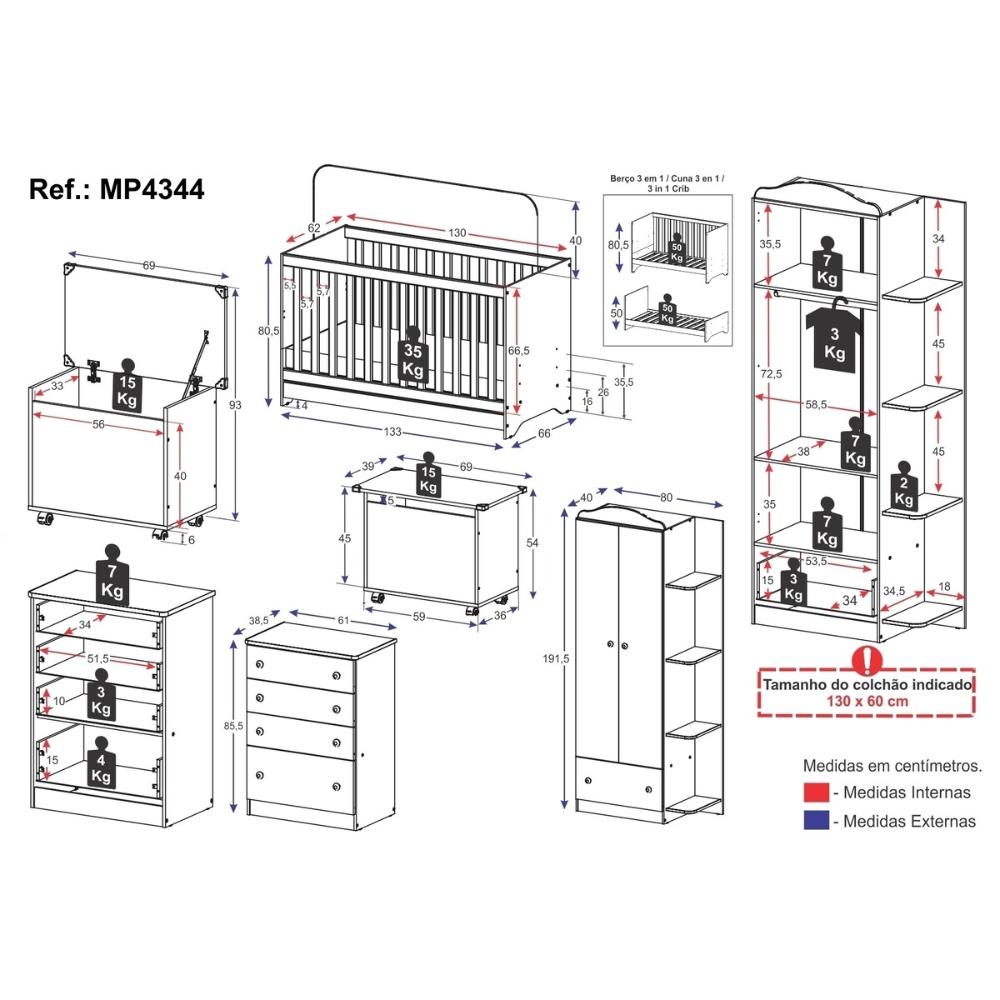 Quarto Infantil Completo com Berço 3 em 1 para Colchão 130x60cm Multimóveis MP4344 Branco/Colorido