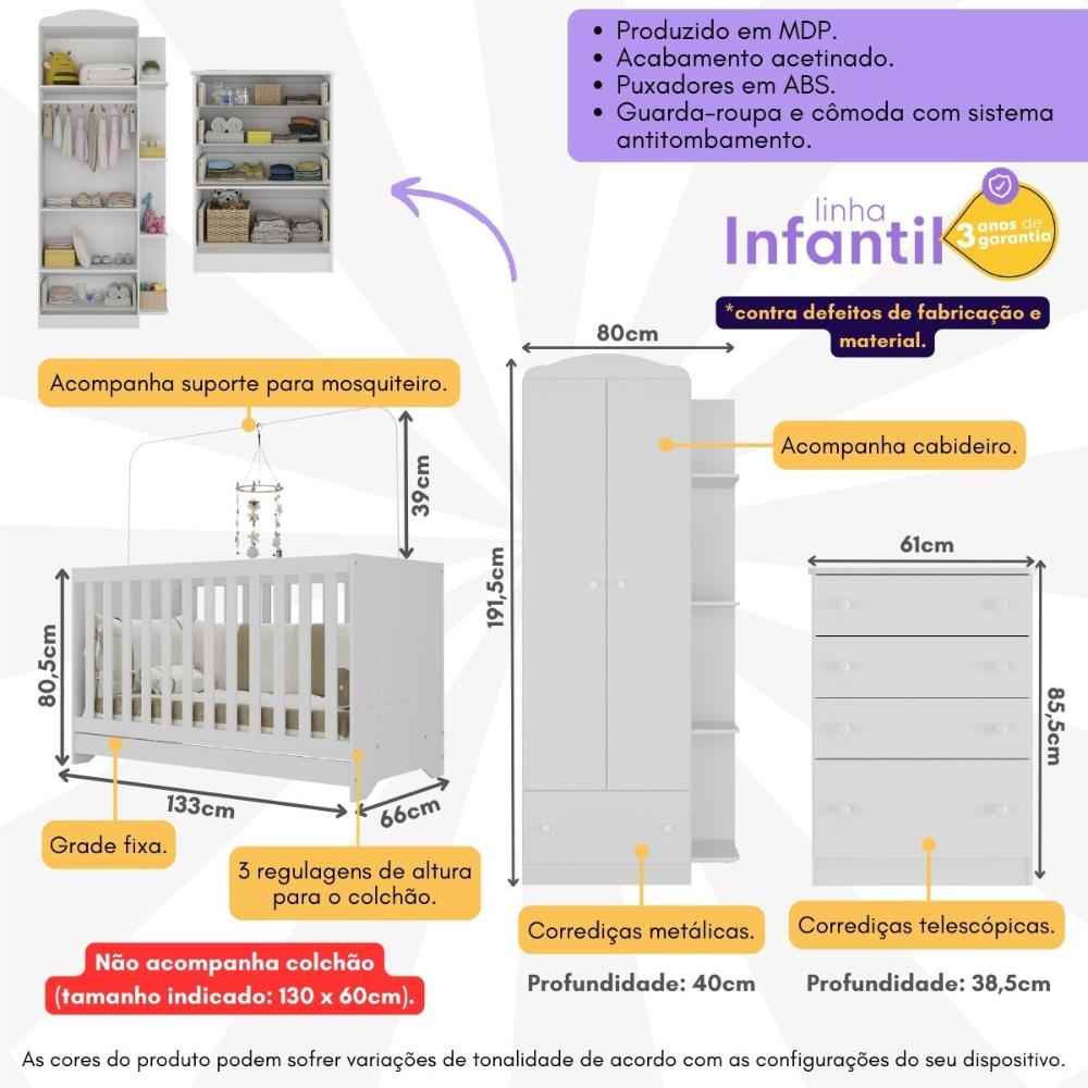 Quarto Infantil Completo com Berço 3 em 1 para Colchão 130x60cm Multimóveis MP4353 Branco/Colorido
