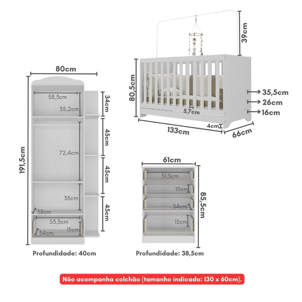 Quarto Infantil Completo com Berço 3 em 1 para Colchão 130x60cm Multimóveis MP4353 Branco/Colorido