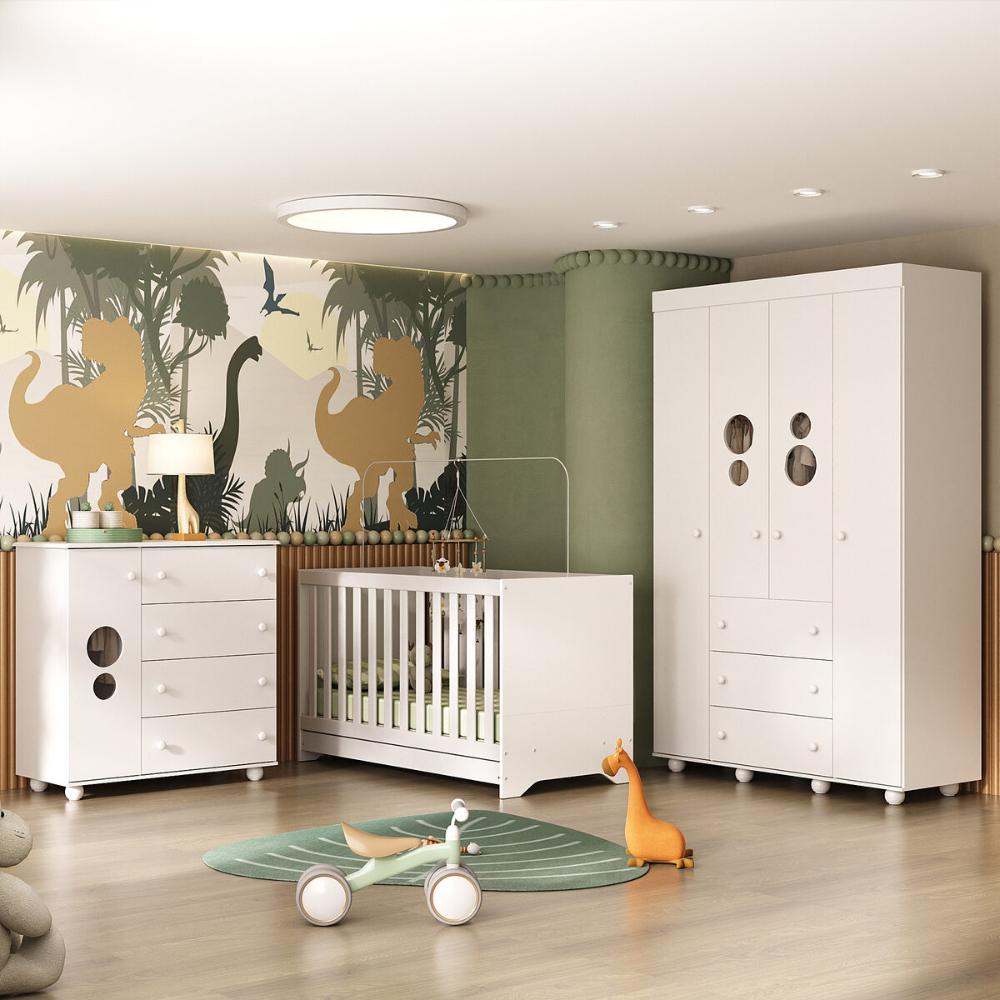 Quarto Infantil Completo com Berço 3 em 1 para Colchão 130x60cm Multimóveis MP4383 Branco