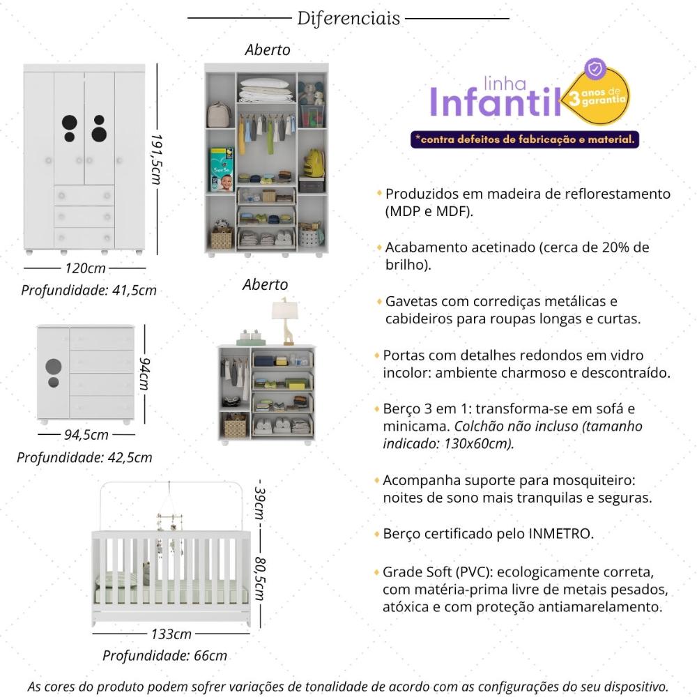 Quarto Infantil Completo com Berço 3 em 1 para Colchão 130x60cm Multimóveis MP4383 Branco