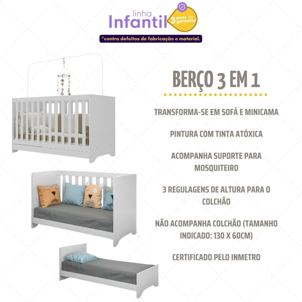 Quarto Infantil Completo com Berço 3 em 1 para Colchão 130x60cm Multimóveis MP4383 Branco