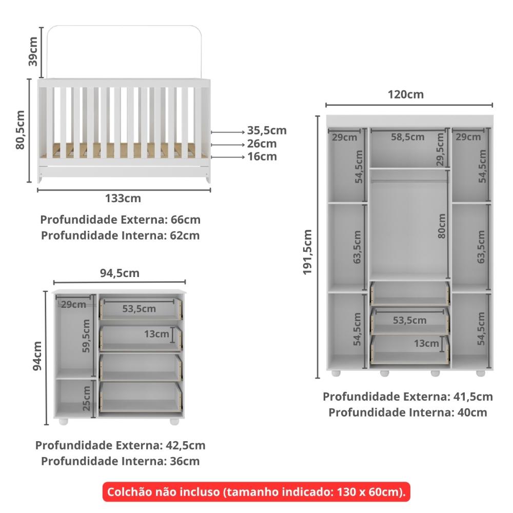 Quarto Infantil Completo com Berço 3 em 1 para Colchão 130x60cm Multimóveis MP4383 Branco