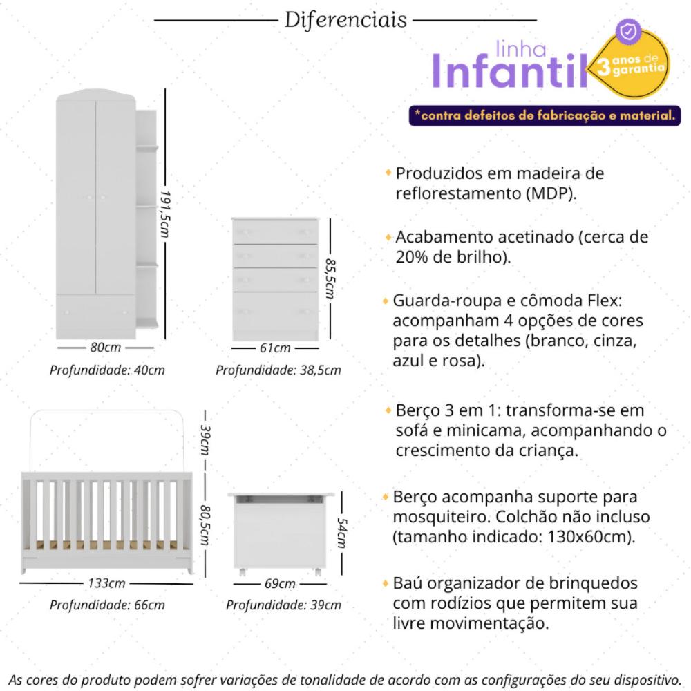 Quarto Infantil Completo com Berço 3 em 1 para Colchão 130x60cm e Baú Multimóveis MP4356 Branco/Colorido