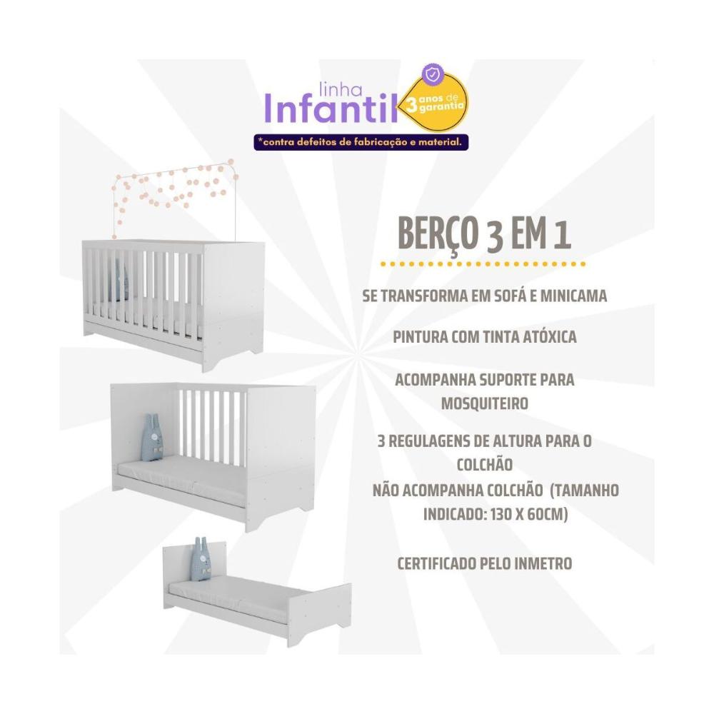 Quarto Infantil Completo com Berço 3 em 1 para Colchão 130x60cm e Baú Multimóveis MP4356 Branco/Colorido
