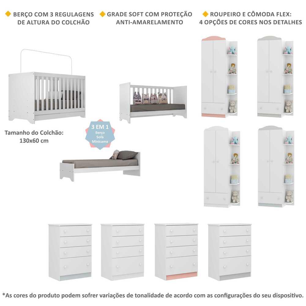 Quarto Infantil Completo com Berço 3x1 Multimóveis FG3033 Branco/Colorido