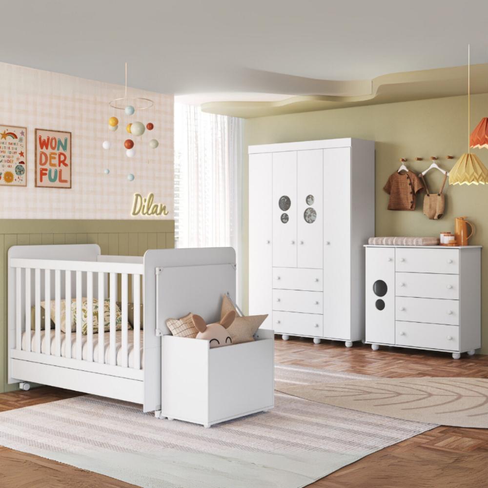 Quarto Infantil Completo com Berço Americano 3 em 1 com Colchão Incluso Multimóveis MP4346 Branco